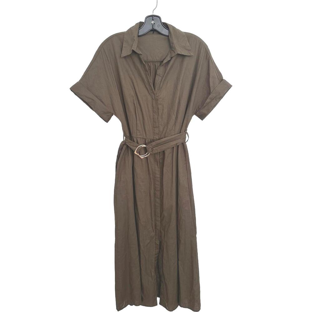 Zara Olive Green Button-Front Midi Shirt Dress